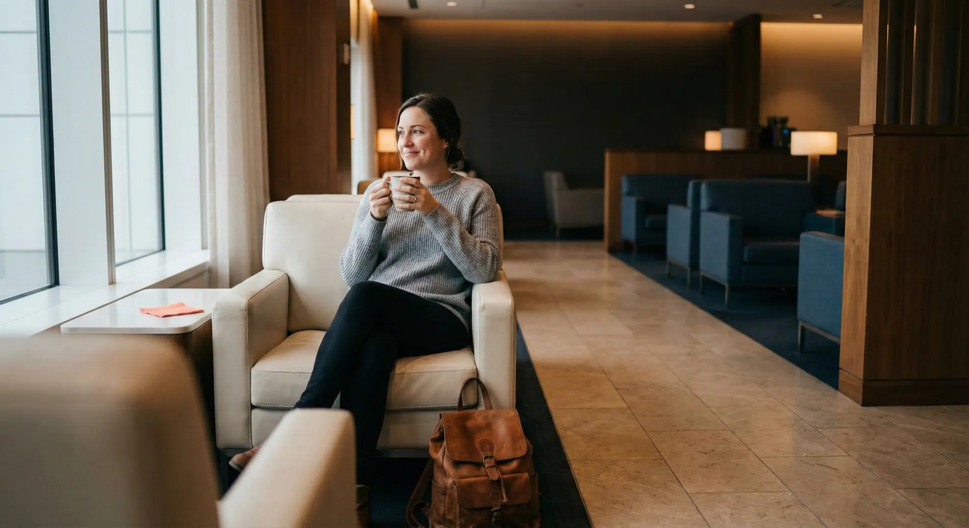 Pasajera relajada en aeropuerto